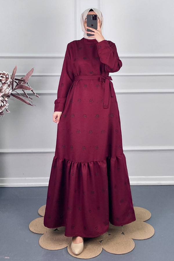 Çiçek Desenli Kışlık Elbise - Bordo