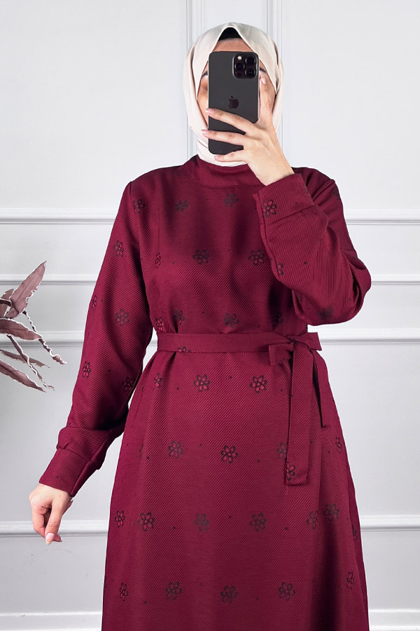 Çiçek Desenli Kışlık Elbise - Bordo