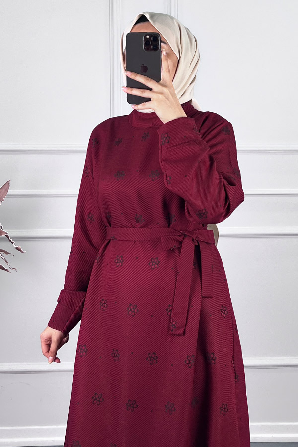 Çiçek Desenli Kışlık Elbise - Bordo