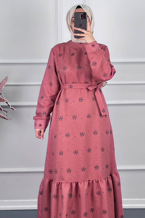 Çiçek Desenli Kışlık Elbise - Pembe