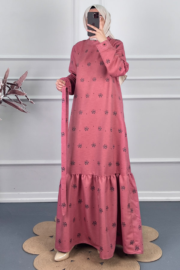 Çiçek Desenli Kışlık Elbise - Pembe