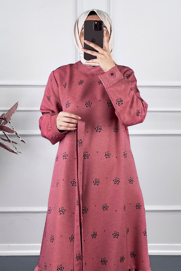 Çiçek Desenli Kışlık Elbise - Pembe