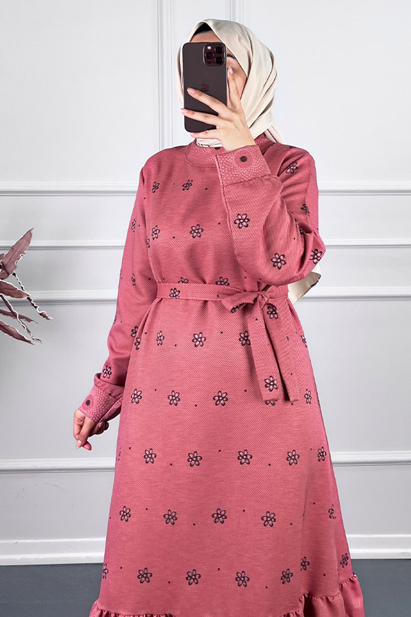 Çiçek Desenli Kışlık Elbise - Pembe