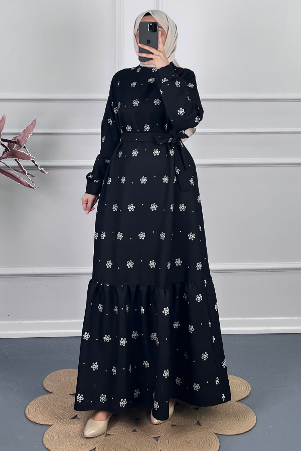 Çiçek Desenli Kışlık Elbise - Siyah