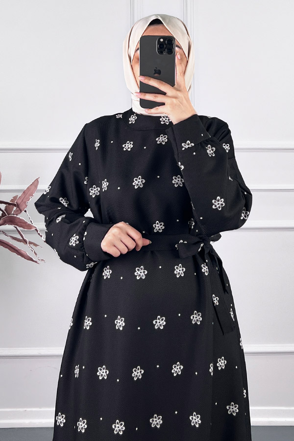 Çiçek Desenli Kışlık Elbise - Siyah