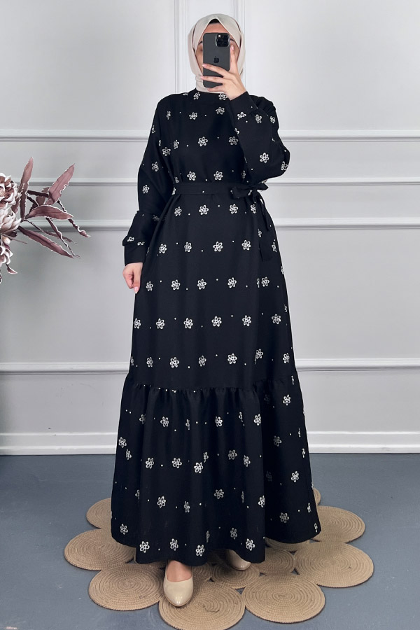 Çiçek Desenli Kışlık Elbise - Siyah