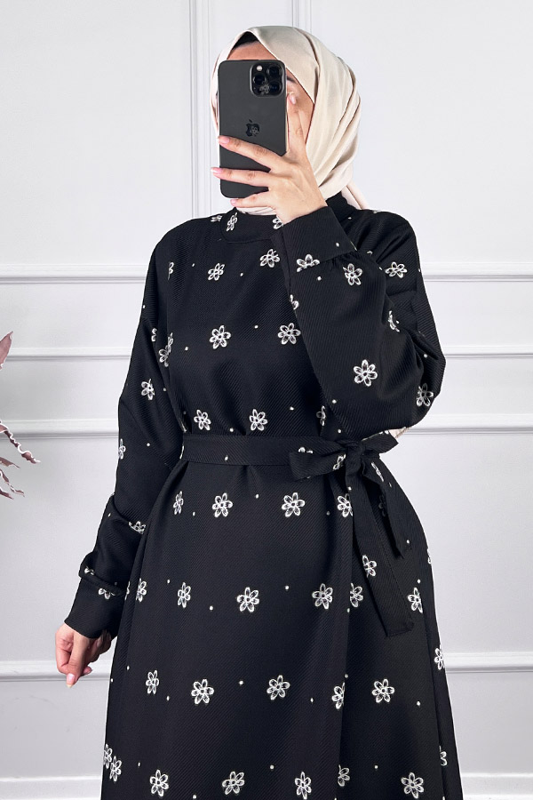 Çiçek Desenli Kışlık Elbise - Siyah