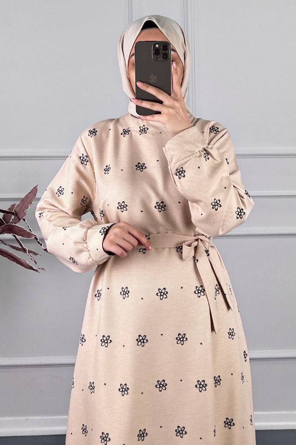 Çiçek Desenli Kışlık Elbise - Taş
