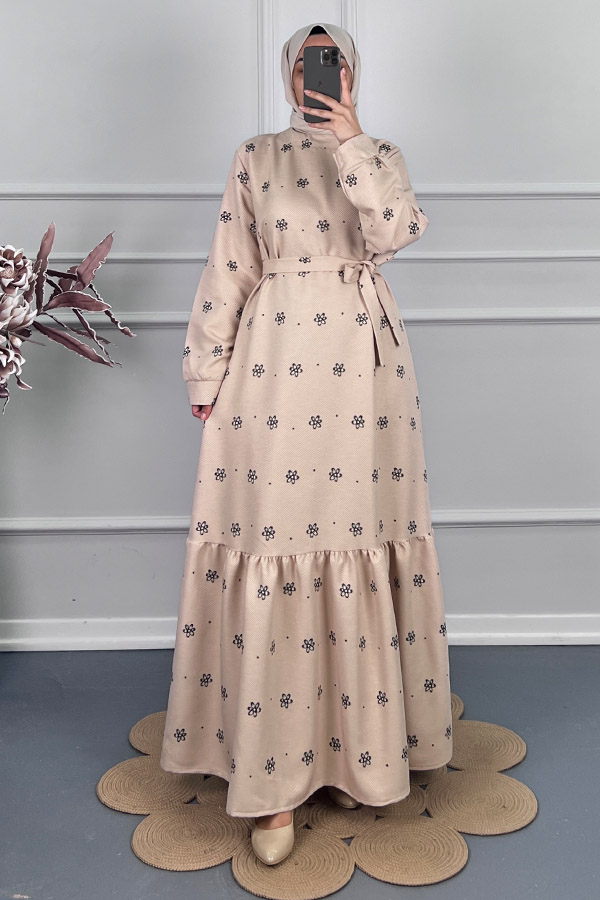 Çiçek Desenli Kışlık Elbise - Taş