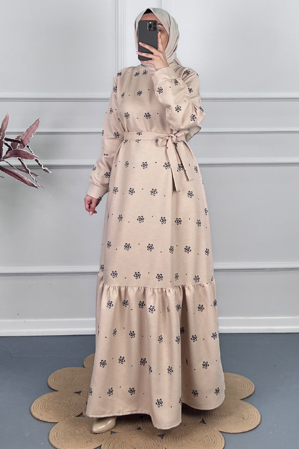 Çiçek Desenli Kışlık Elbise - Taş