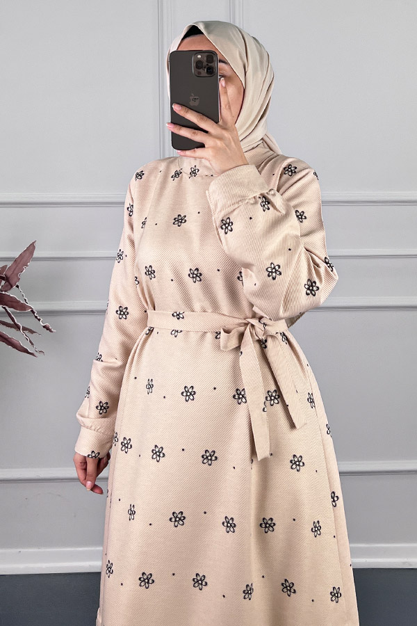 Çiçek Desenli Kışlık Elbise - Taş