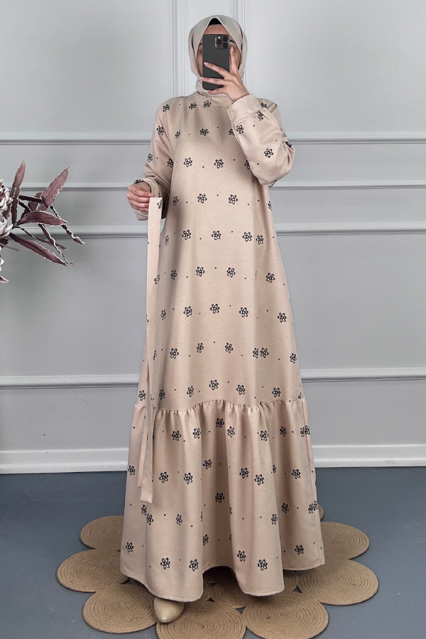 Çiçek Desenli Kışlık Elbise - Taş