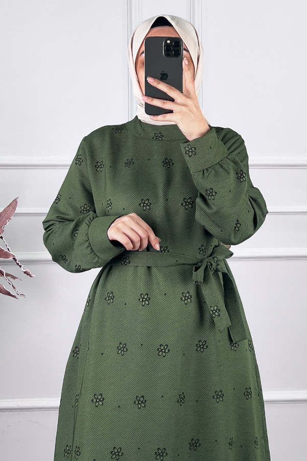 Çiçek Desenli Kışlık Elbise - Yeşil