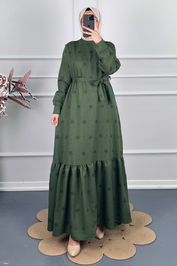 Çiçek Desenli Kışlık Elbise - Yeşil
