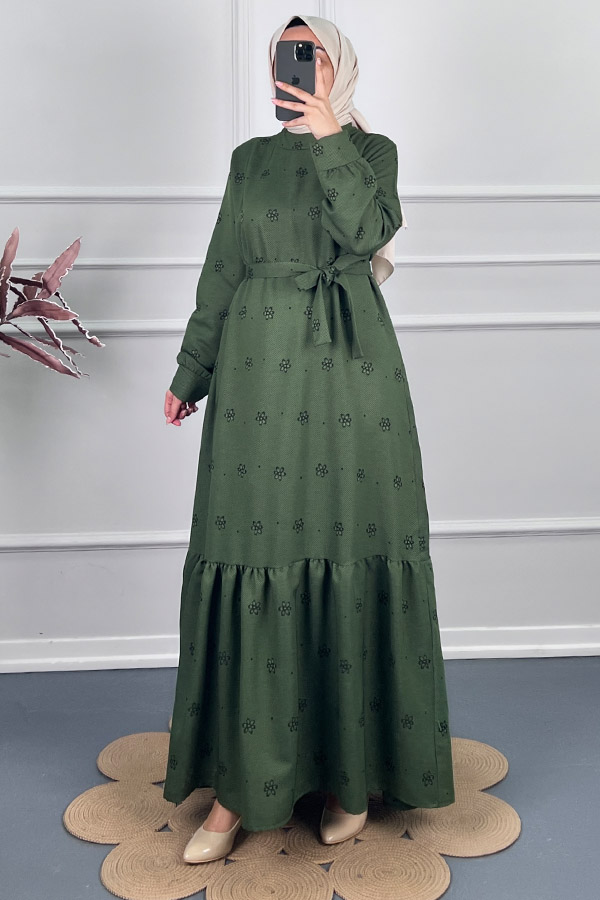 Çiçek Desenli Kışlık Elbise - Yeşil