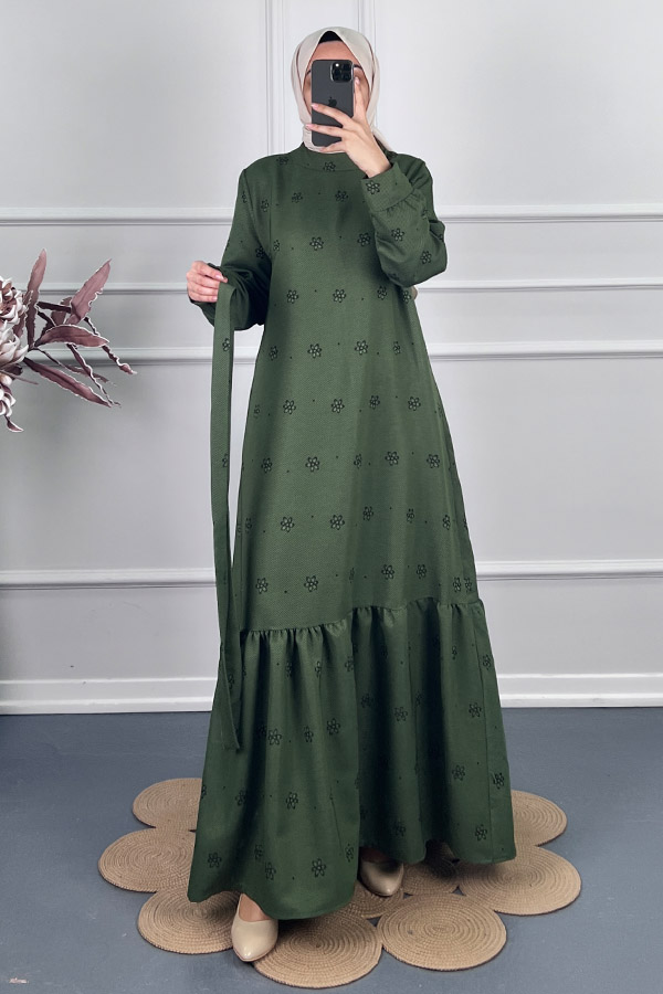 Çiçek Desenli Kışlık Elbise - Yeşil
