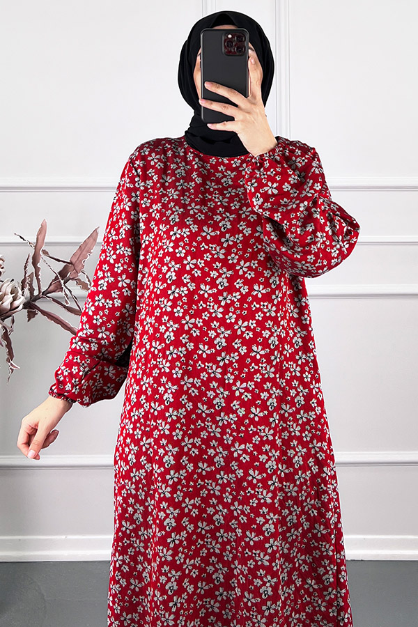 Çiçek Desenli Tensel Elbise - Kırmızı