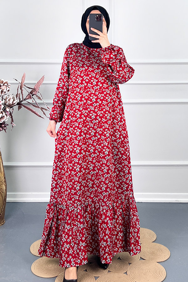 Çiçek Desenli Tensel Elbise - Kırmızı