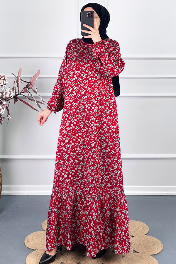 Çiçek Desenli Tensel Elbise - Kırmızı