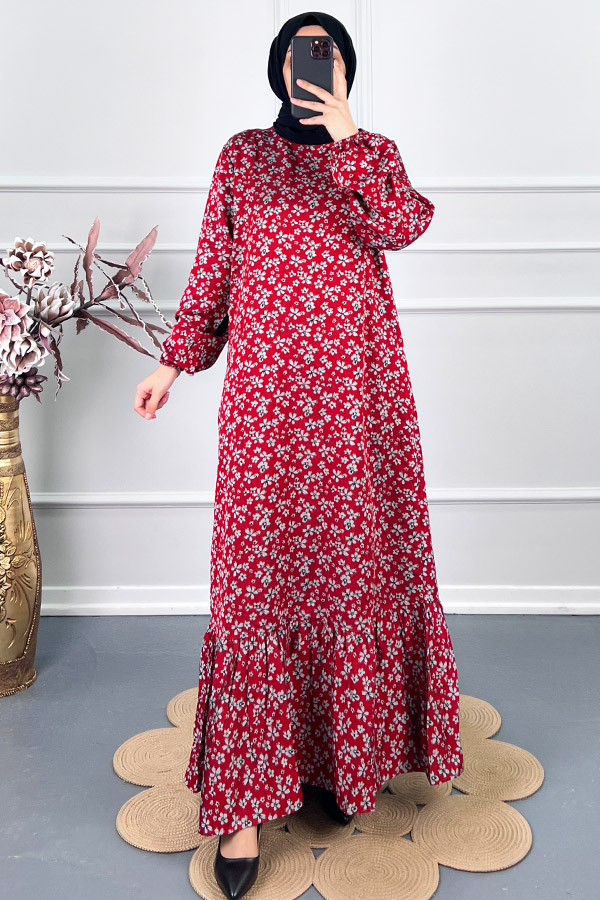 Çiçek Desenli Tensel Elbise - Kırmızı