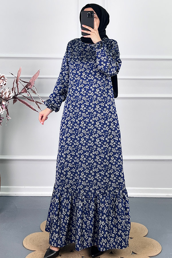 Çiçek Desenli Tensel Elbise - Mavi