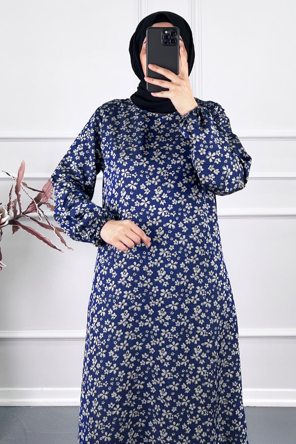 Çiçek Desenli Tensel Elbise - Mavi