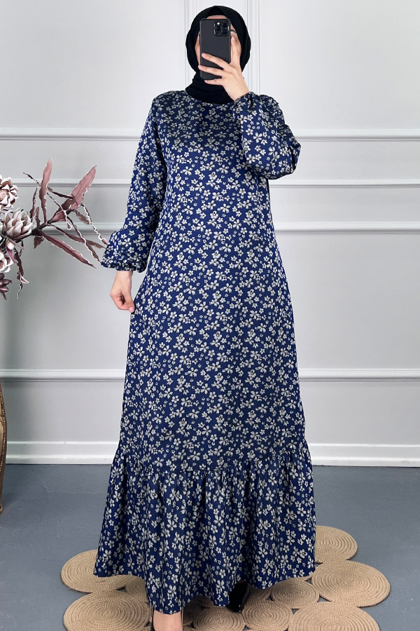 Çiçek Desenli Tensel Elbise - Mavi