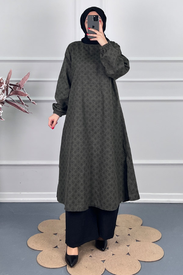 Çiçek Desenli Uzun Tunik - Haki