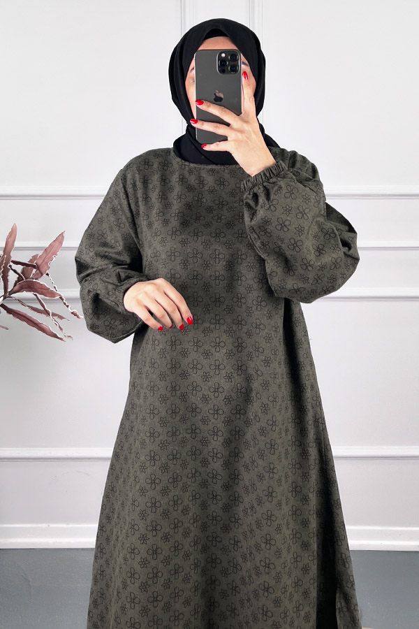 Çiçek Desenli Uzun Tunik - Haki