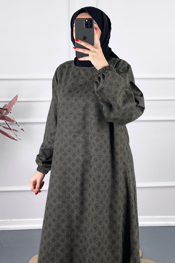 Çiçek Desenli Uzun Tunik - Haki