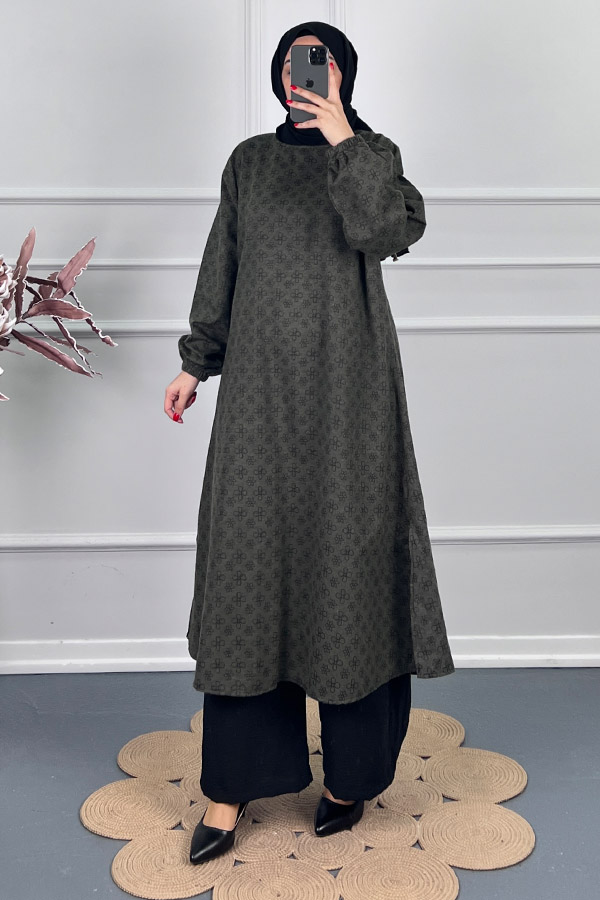 Çiçek Desenli Uzun Tunik - Haki