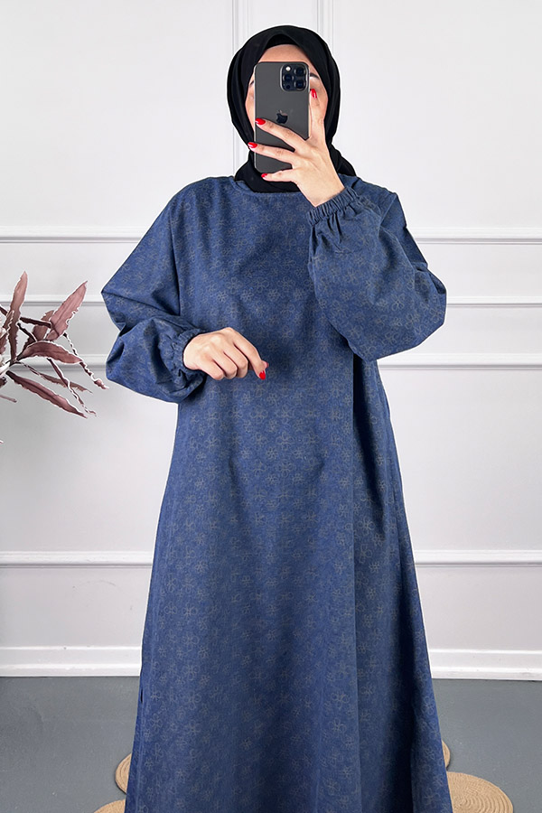 Çiçek Desenli Uzun Tunik - Lacivert