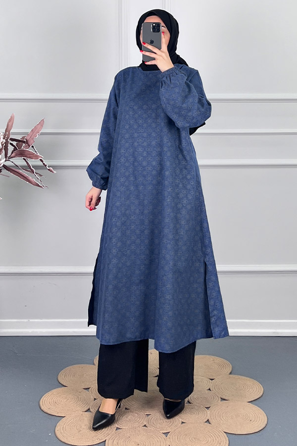 Çiçek Desenli Uzun Tunik - Lacivert