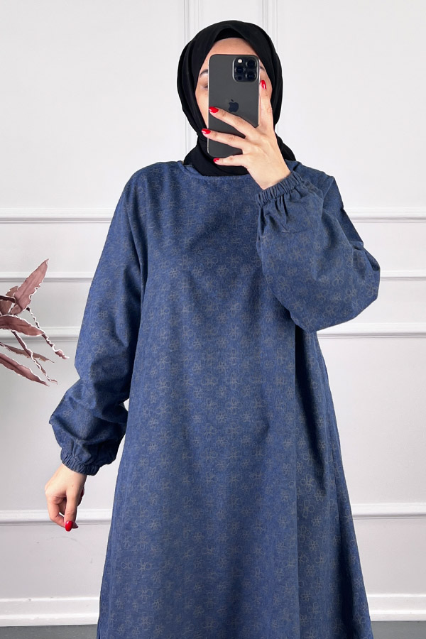 Çiçek Desenli Uzun Tunik - Lacivert