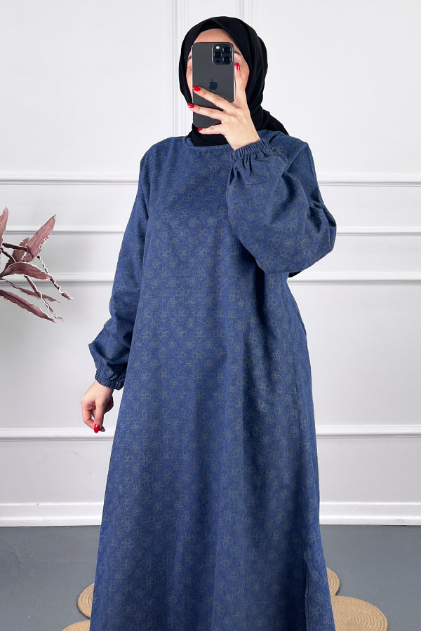 Çiçek Desenli Uzun Tunik - Lacivert