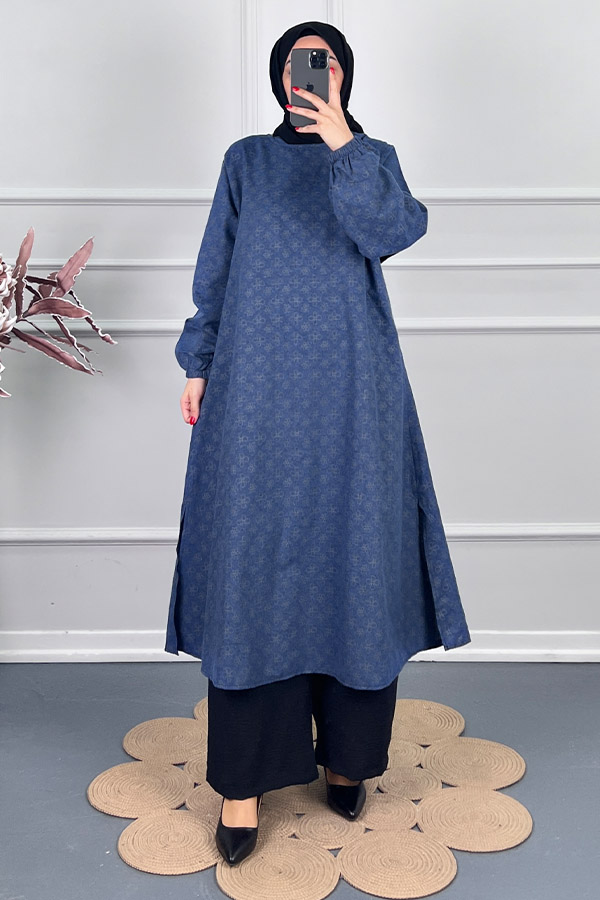 Çiçek Desenli Uzun Tunik - Lacivert