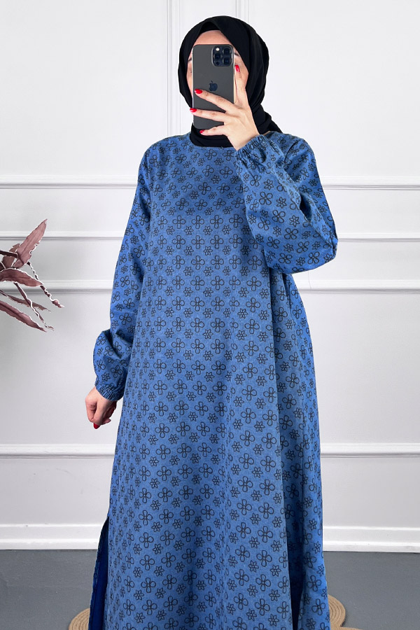 Çiçek Desenli Uzun Tunik - Mavi