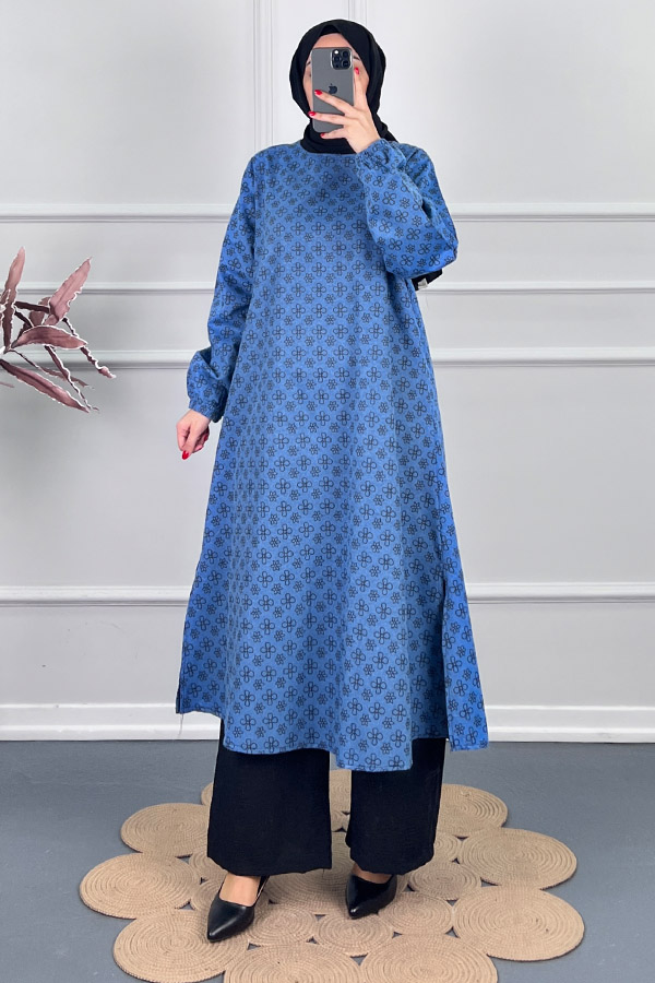 Çiçek Desenli Uzun Tunik - Mavi