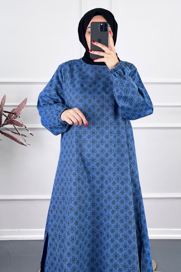 Çiçek Desenli Uzun Tunik - Mavi