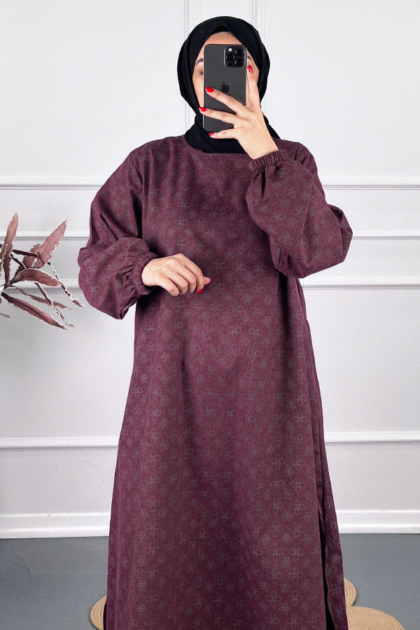 Çiçek Desenli Uzun Tunik - Mürdüm