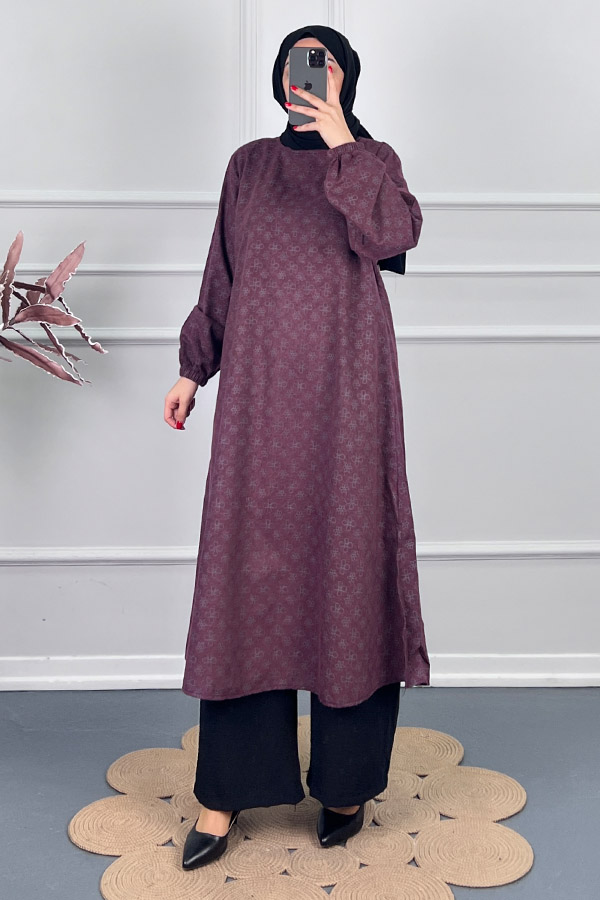 Çiçek Desenli Uzun Tunik - Mürdüm