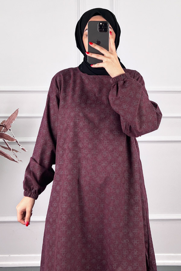 Çiçek Desenli Uzun Tunik - Mürdüm