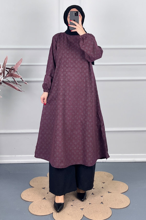Çiçek Desenli Uzun Tunik - Mürdüm