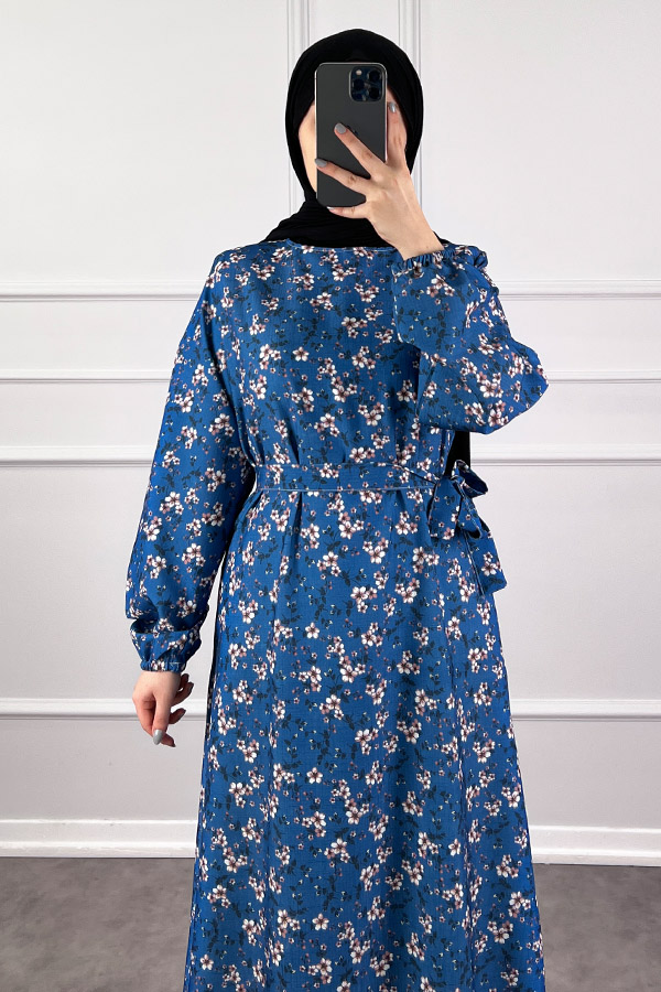 Çiçekli Krep Elbise - Mavi