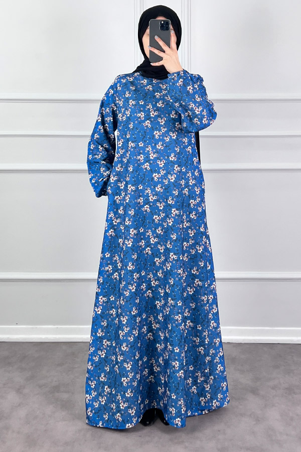Çiçekli Krep Elbise - Mavi