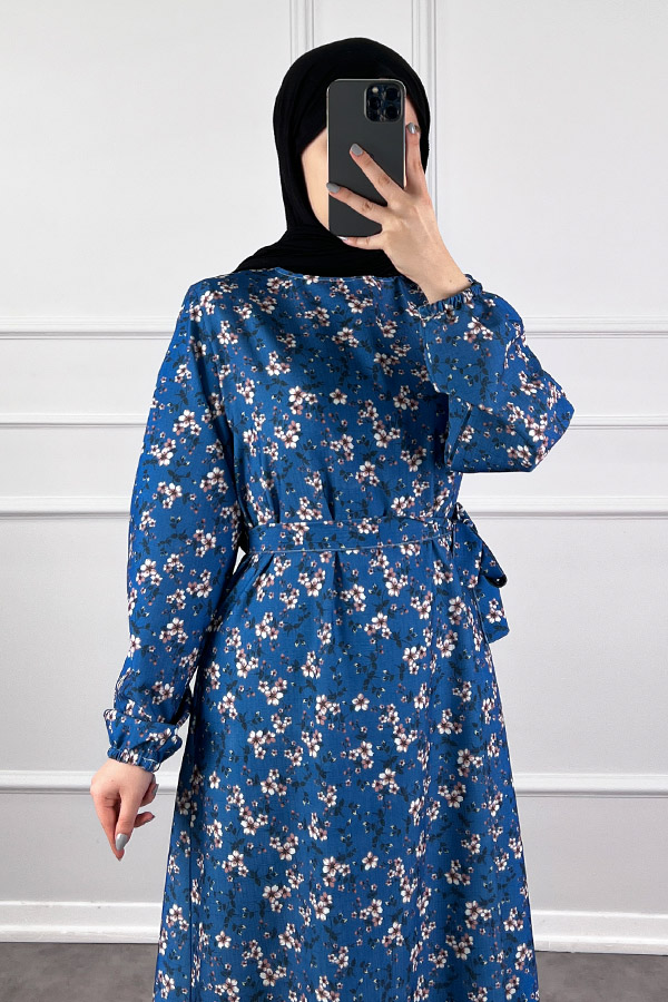 Çiçekli Krep Elbise - Mavi