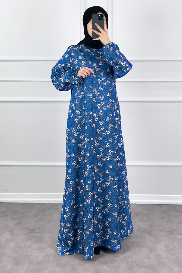 Çiçekli Krep Elbise - Mavi