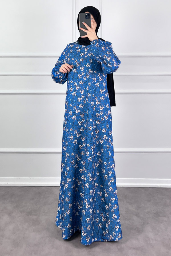 Çiçekli Krep Elbise - Mavi