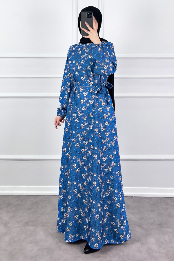 Çiçekli Krep Elbise - Mavi