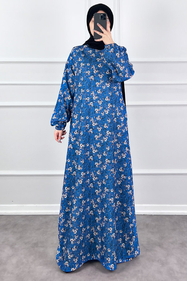 Çiçekli Krep Elbise - Mavi